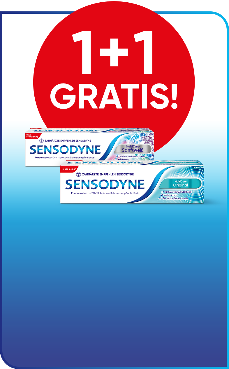Aktionsheader mit zwei Produkten von Sensodyne MultiCare & ein Störer mit der Innenschrift „1 + 1 Gratis!“